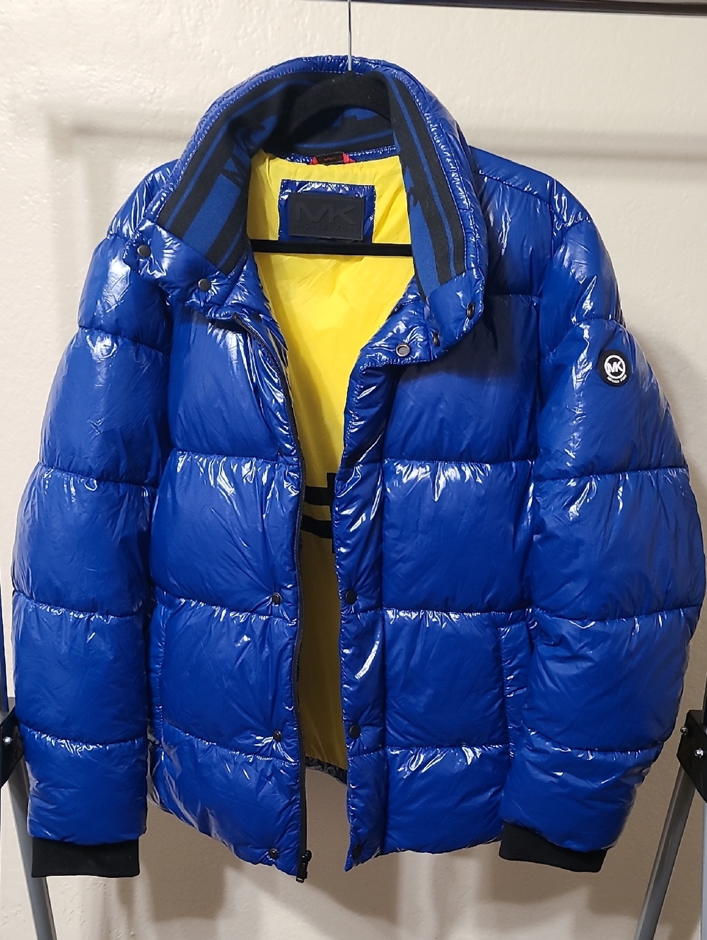 Michael Kors Shiny Royal Blue Puffer Jacket with Yellow Interior